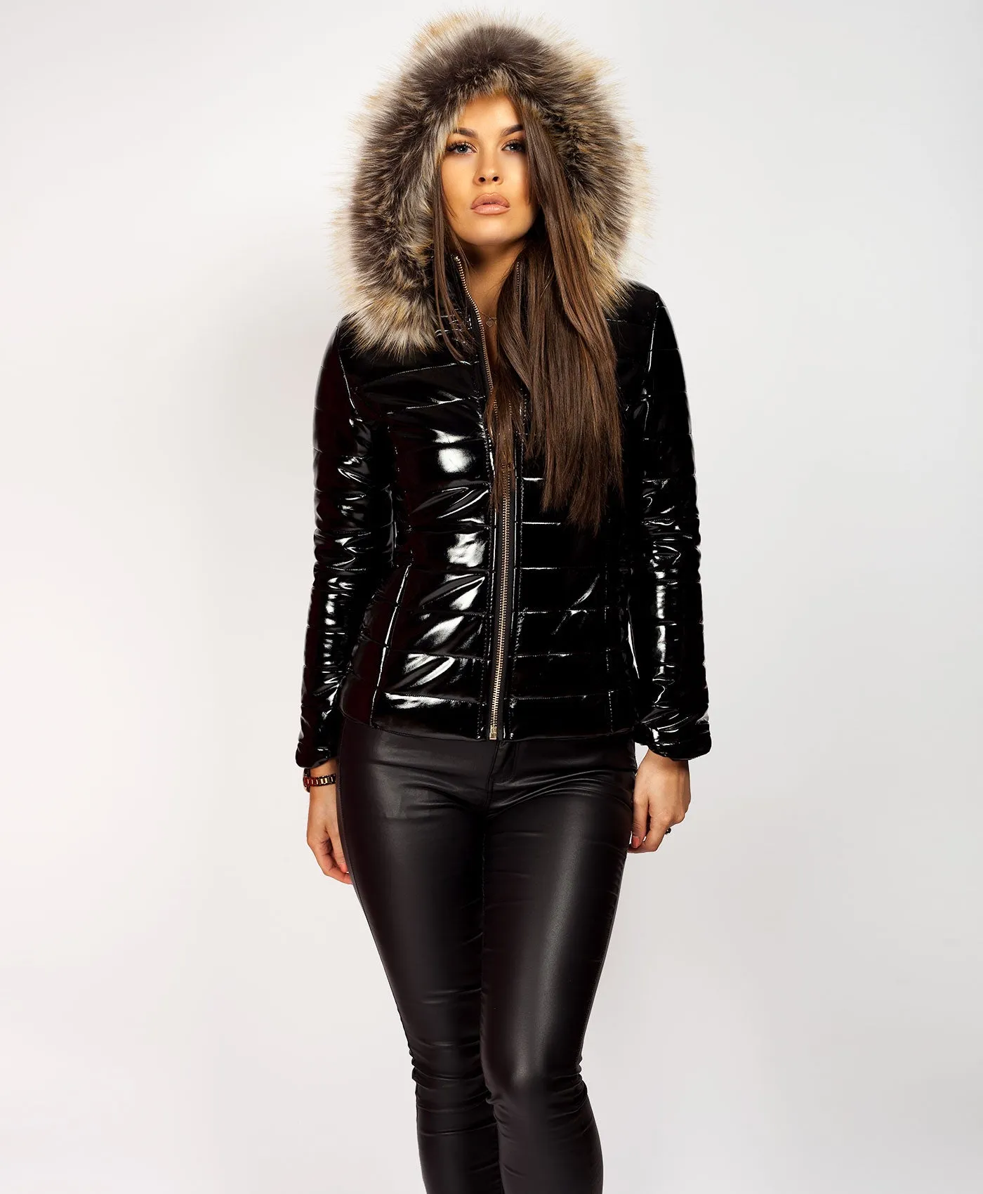 Black Fur Hood Shiny Vinyl Wet Look Puffer Jacket