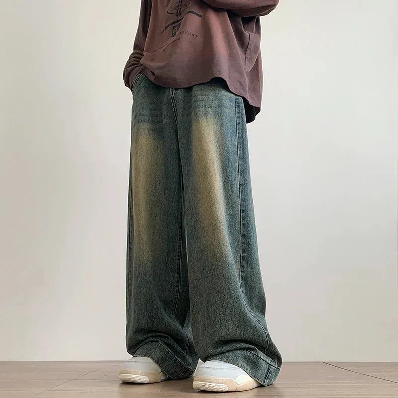 Bonnyshow-Distressed Vintage Blue Jeans Pants Men Wide-leg Denim Trousers Male Oversize Streetwear Fashion Casual Baggy Straight Jeans