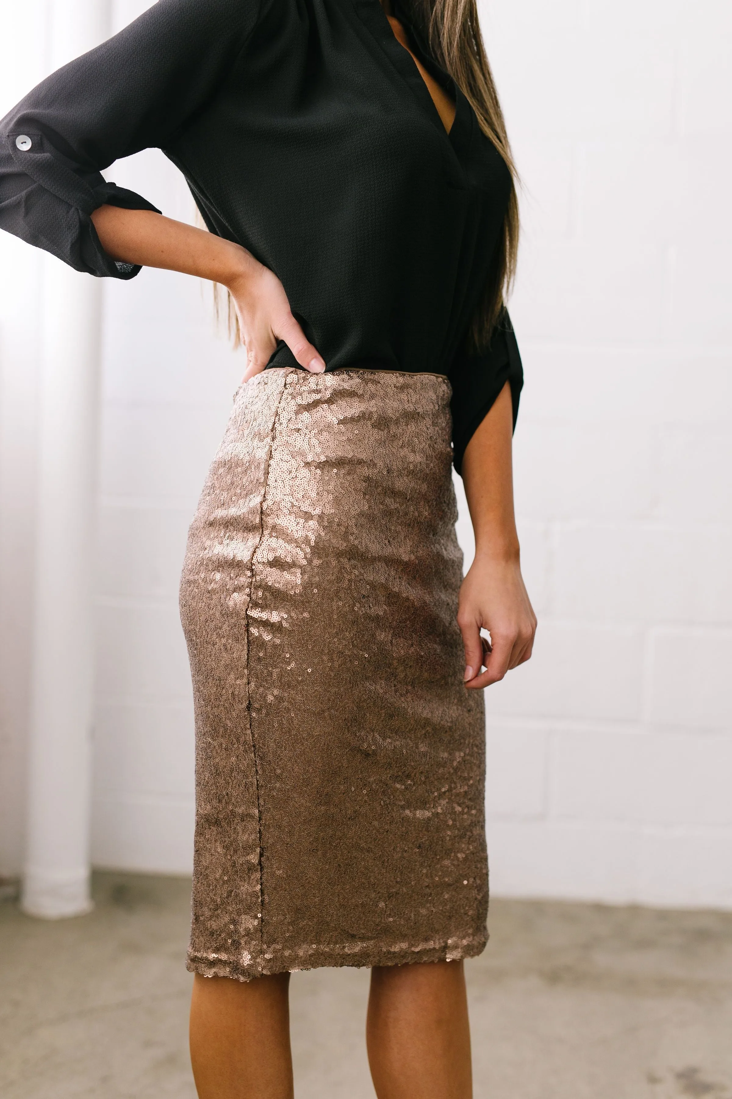 Born To Shine Sequined Pencil Skirt In Bronze - ALL SALES FINAL