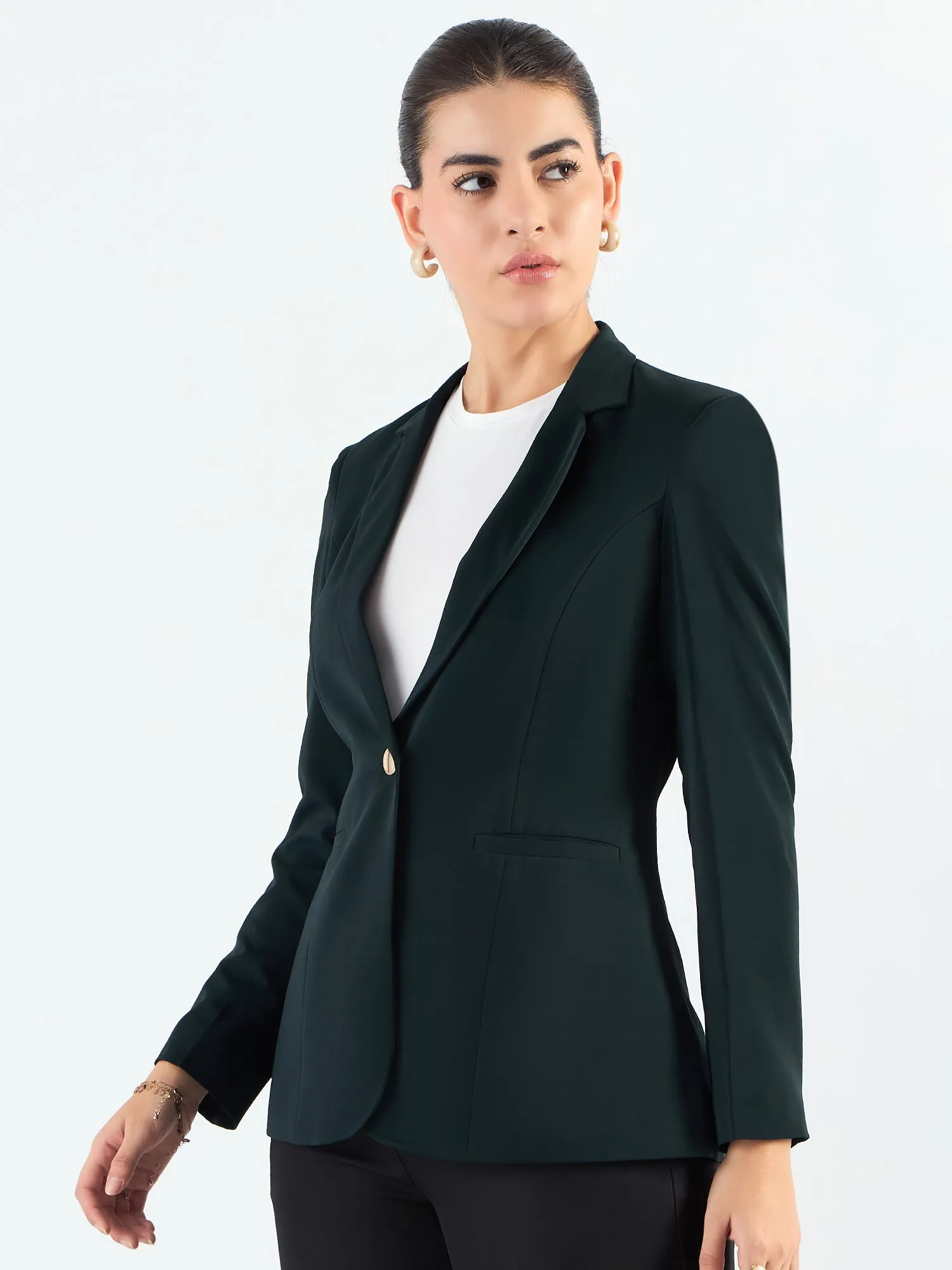 Classic Green Poly Viscose Notched Lapel Tailored Fit Blazer