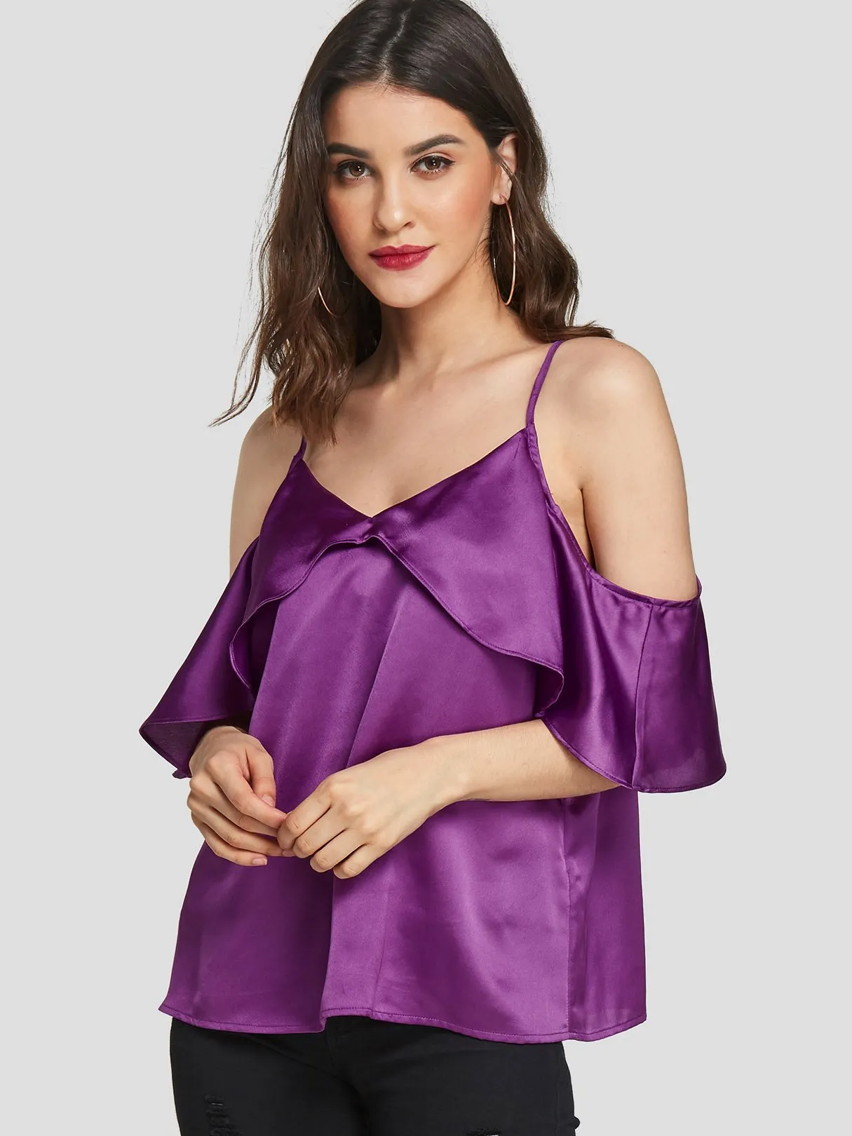 Custom Cold Shoulder Plain Backless Ruffle Trim Short Sleeve Purple T-Shirts