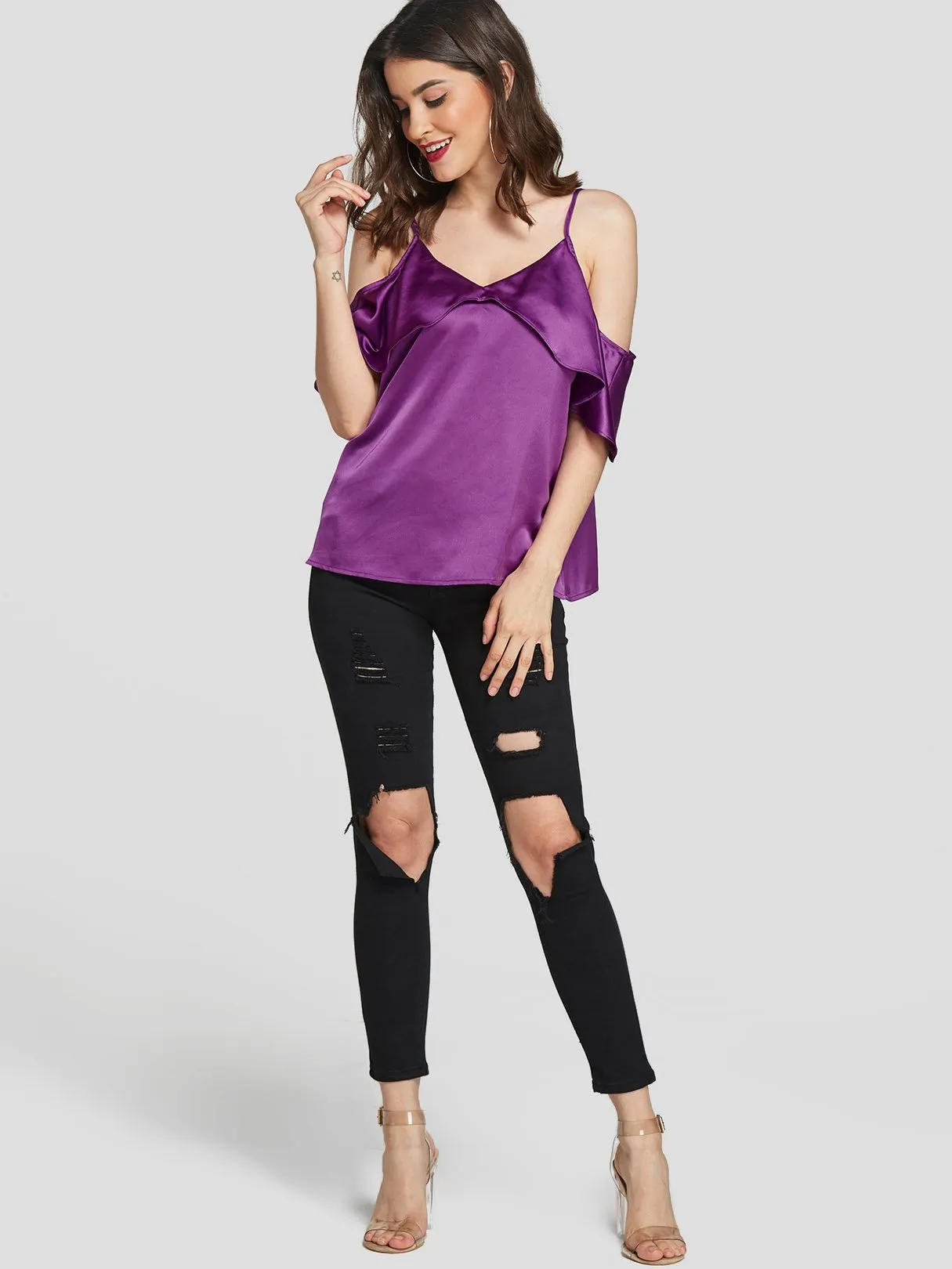 Custom Cold Shoulder Plain Backless Ruffle Trim Short Sleeve Purple T-Shirts