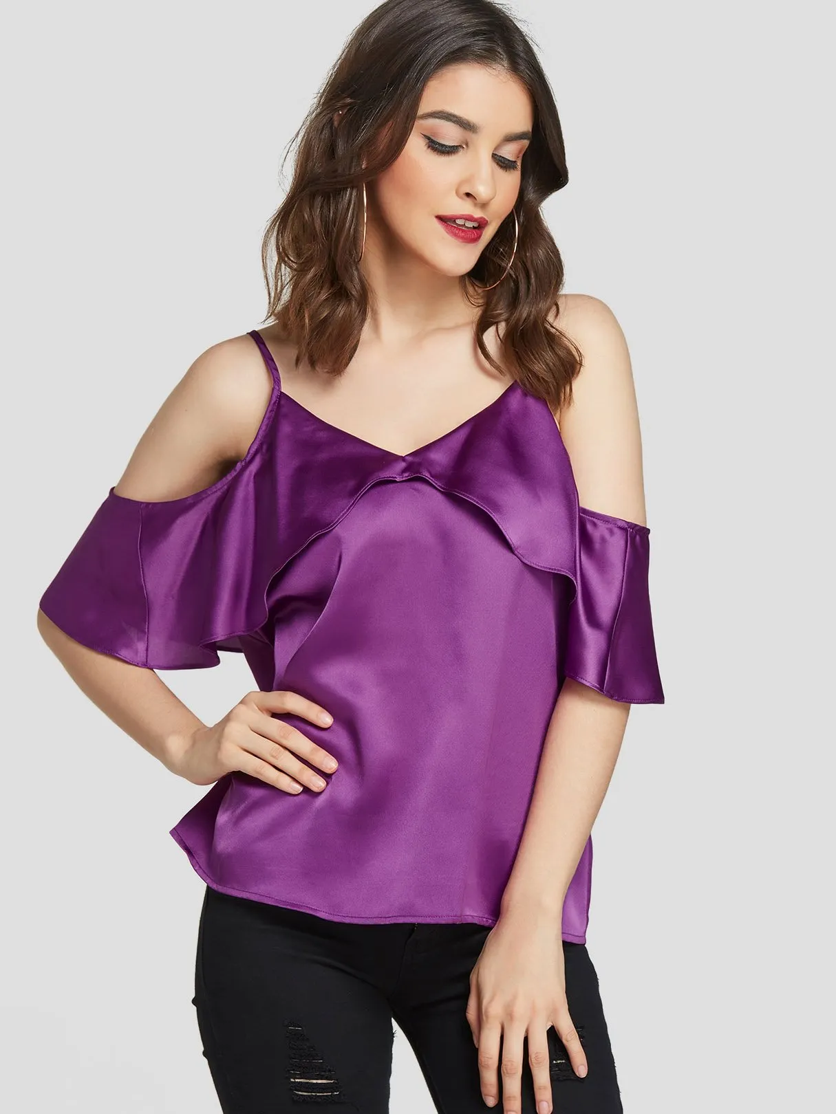 Custom Cold Shoulder Plain Backless Ruffle Trim Short Sleeve Purple T-Shirts