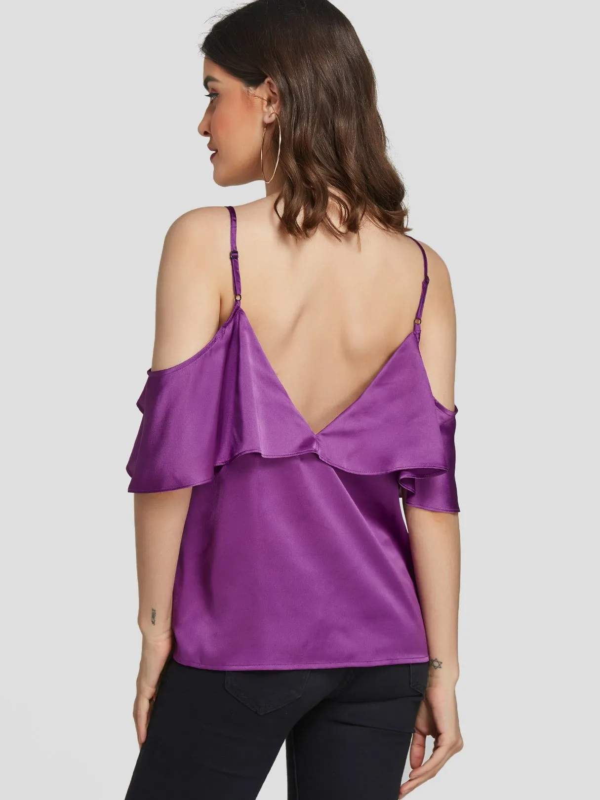 Custom Cold Shoulder Plain Backless Ruffle Trim Short Sleeve Purple T-Shirts