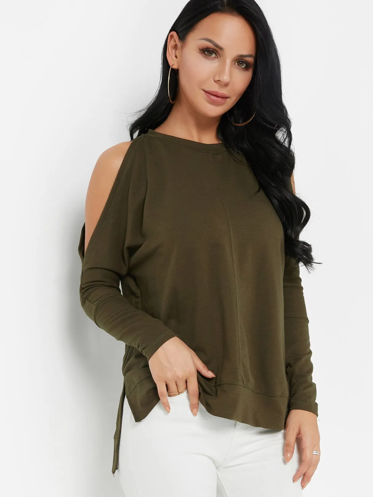 Custom Cold Shoulder Plain Long Sleeve Slit Hem T-Shirts