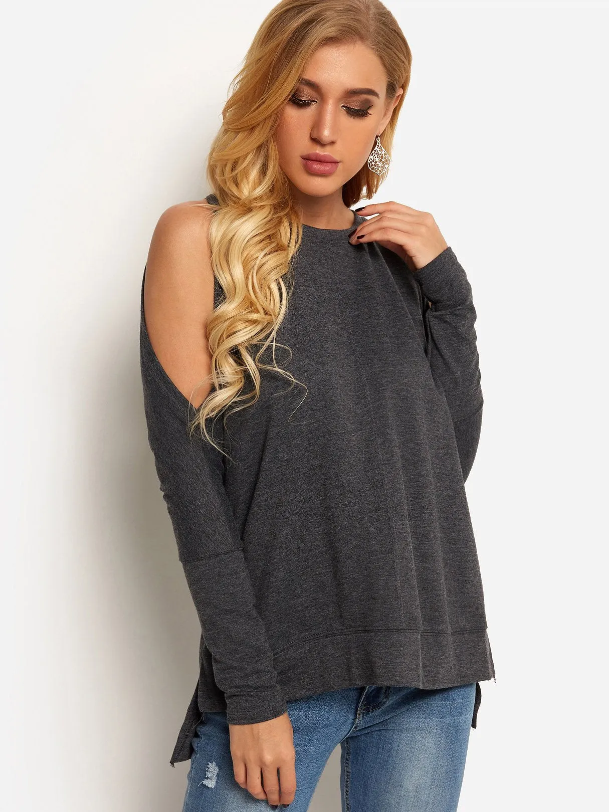 Custom Cold Shoulder Plain Long Sleeve Slit Hem T-Shirts