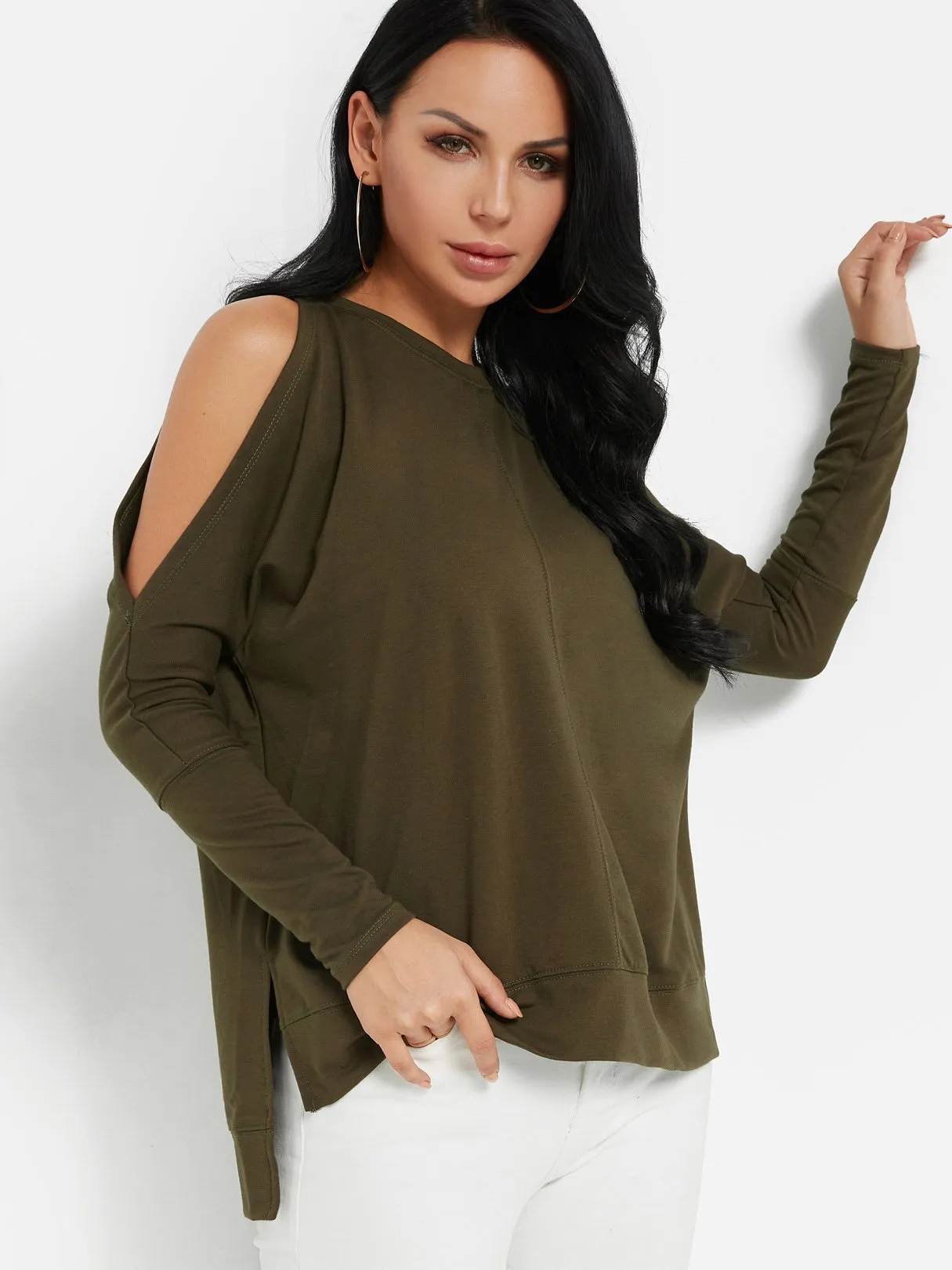 Custom Cold Shoulder Plain Long Sleeve Slit Hem T-Shirts