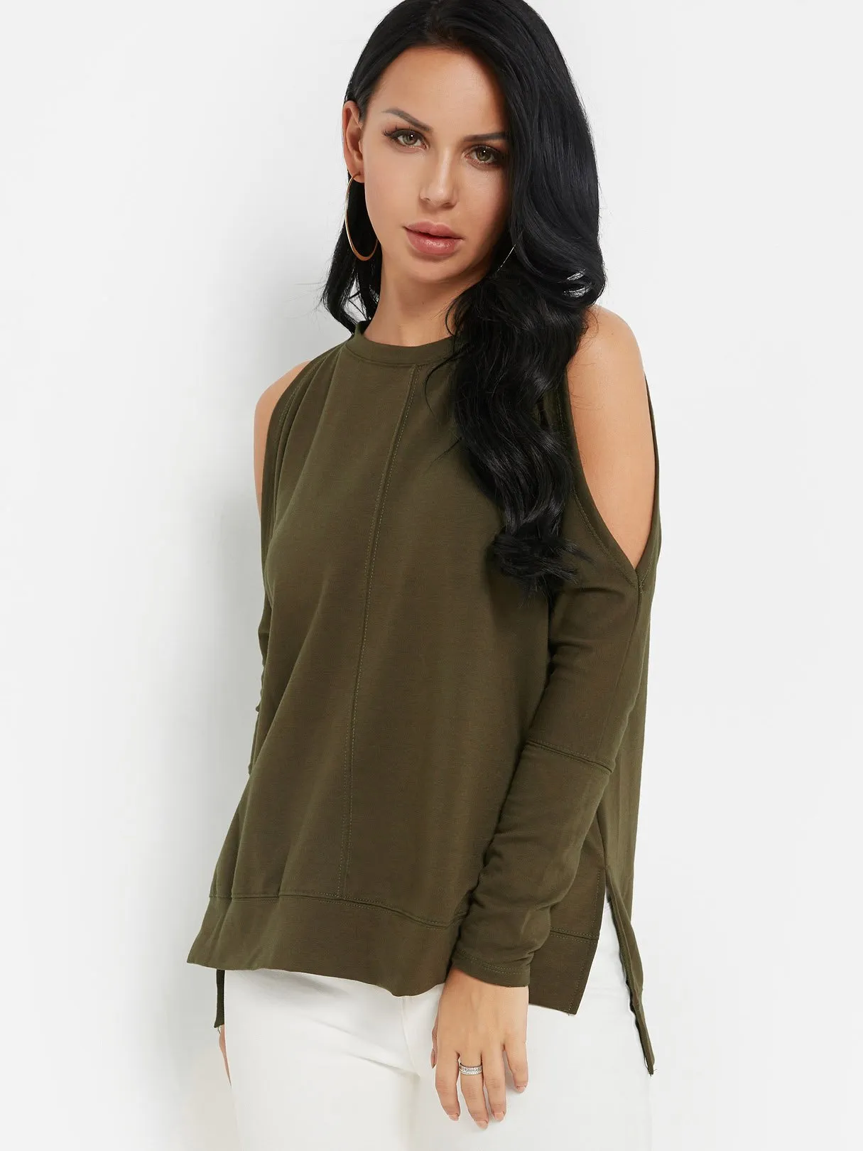 Custom Cold Shoulder Plain Long Sleeve Slit Hem T-Shirts