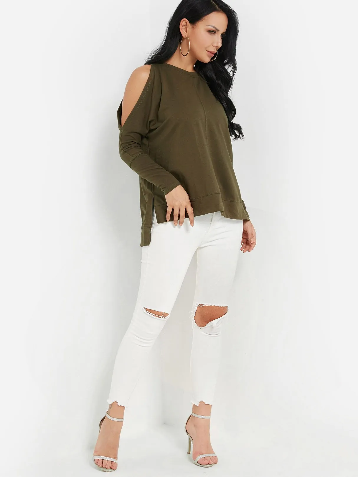 Custom Cold Shoulder Plain Long Sleeve Slit Hem T-Shirts