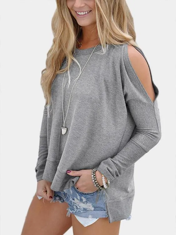 Custom Cold Shoulder Plain Long Sleeve Slit Hem T-Shirts