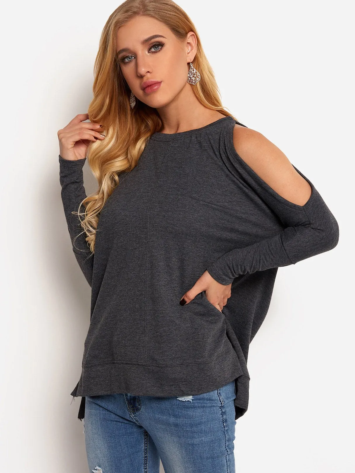 Custom Cold Shoulder Plain Long Sleeve Slit Hem T-Shirts