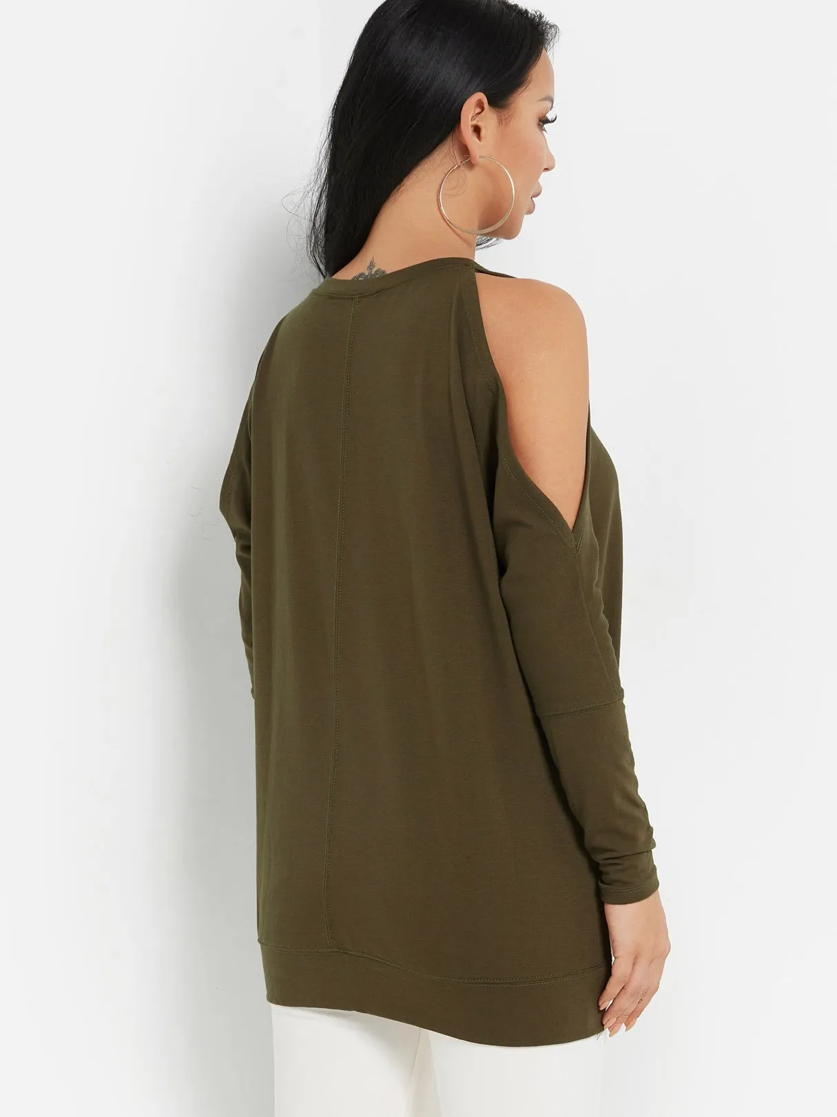 Custom Cold Shoulder Plain Long Sleeve Slit Hem T-Shirts