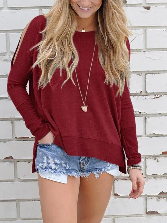 Custom Cold Shoulder Plain Long Sleeve Slit Hem T-Shirts