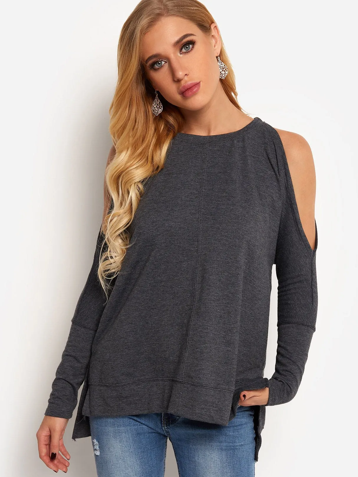 Custom Cold Shoulder Plain Long Sleeve Slit Hem T-Shirts