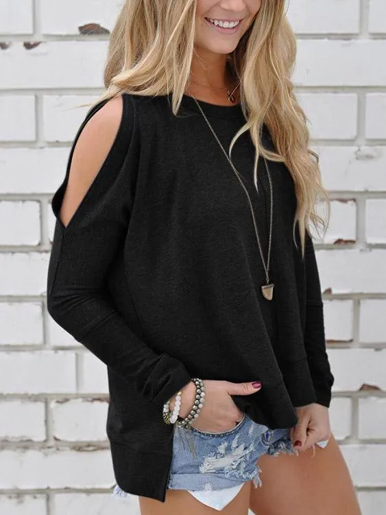 Custom Cold Shoulder Plain Long Sleeve Slit Hem T-Shirts