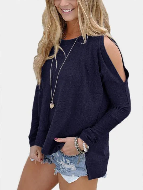 Custom Cold Shoulder Plain Long Sleeve Slit Hem T-Shirts