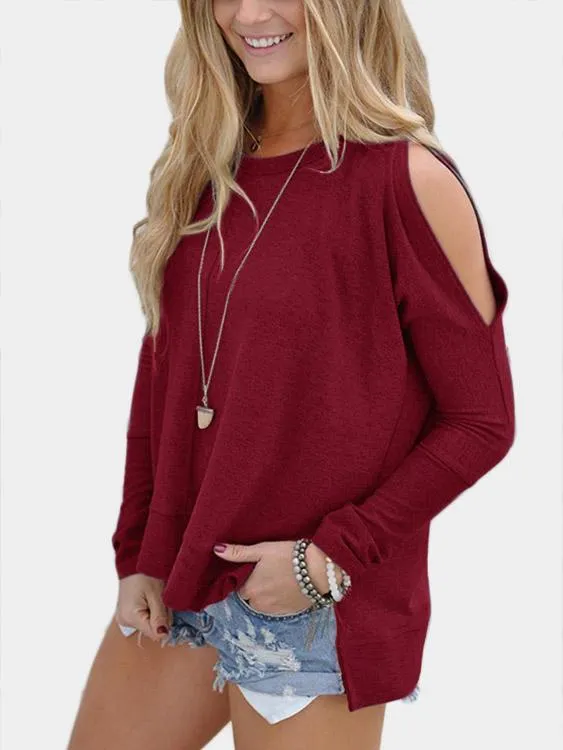 Custom Cold Shoulder Plain Long Sleeve Slit Hem T-Shirts