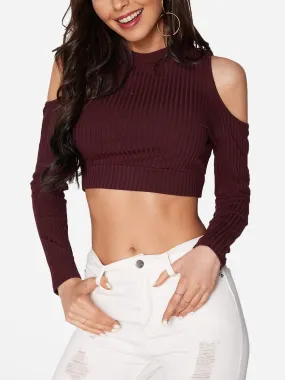 Custom Crew Neck Cold Shoulder Plain Cut Out Long Sleeve Burgundy Top