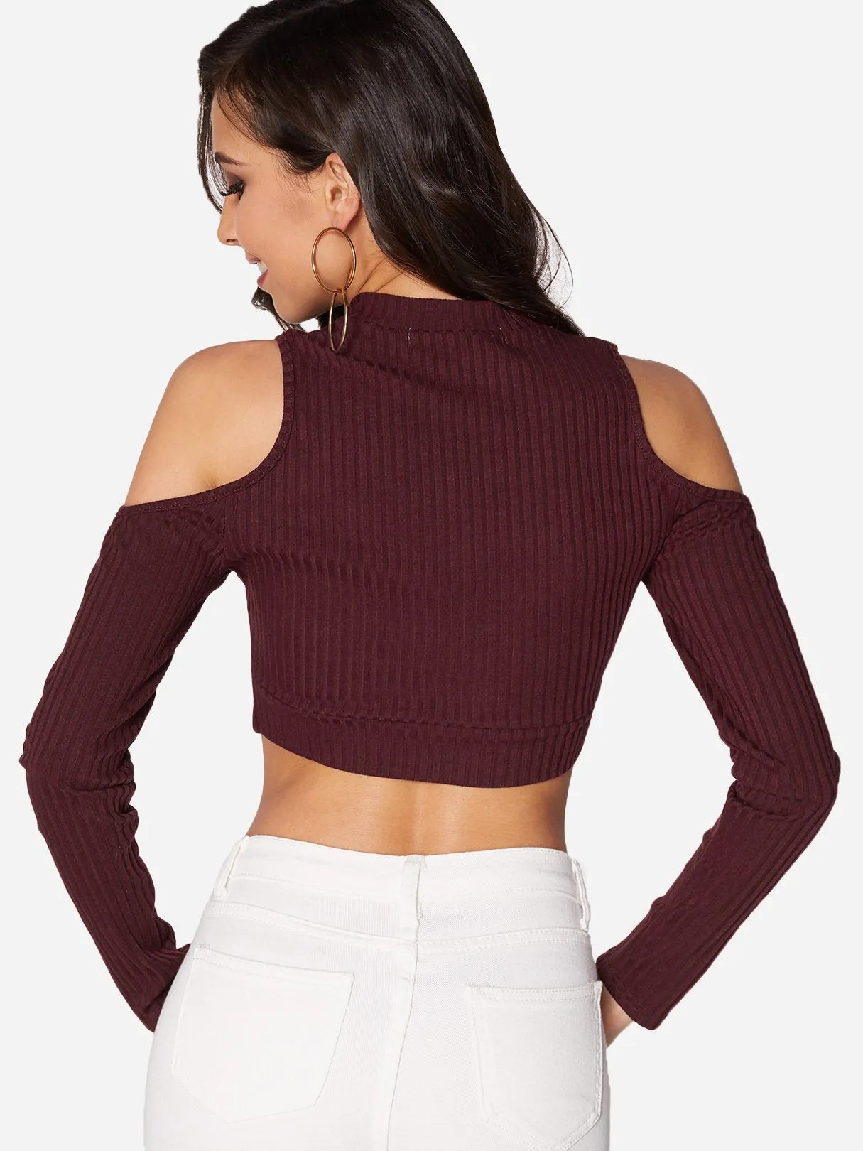 Custom Crew Neck Cold Shoulder Plain Cut Out Long Sleeve Burgundy Top