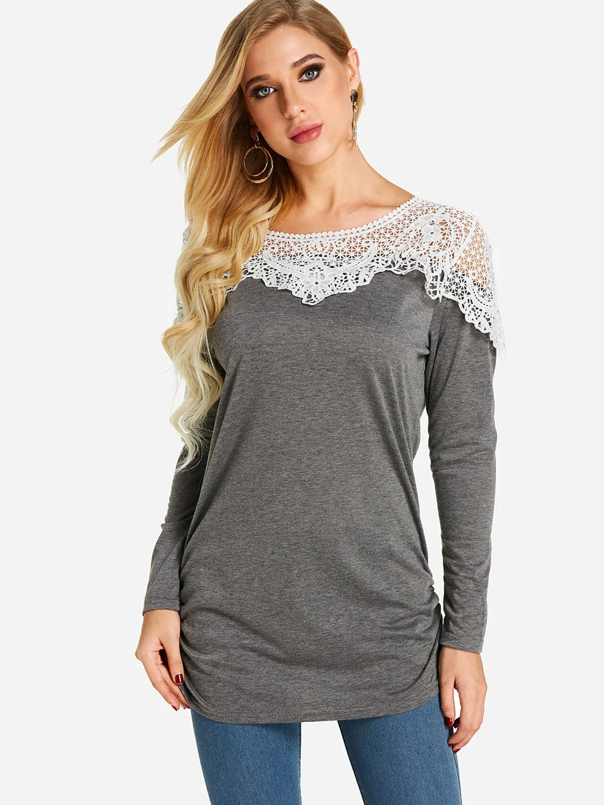 Custom Crew Neck Plain Lace Long Sleeve T-Shirt