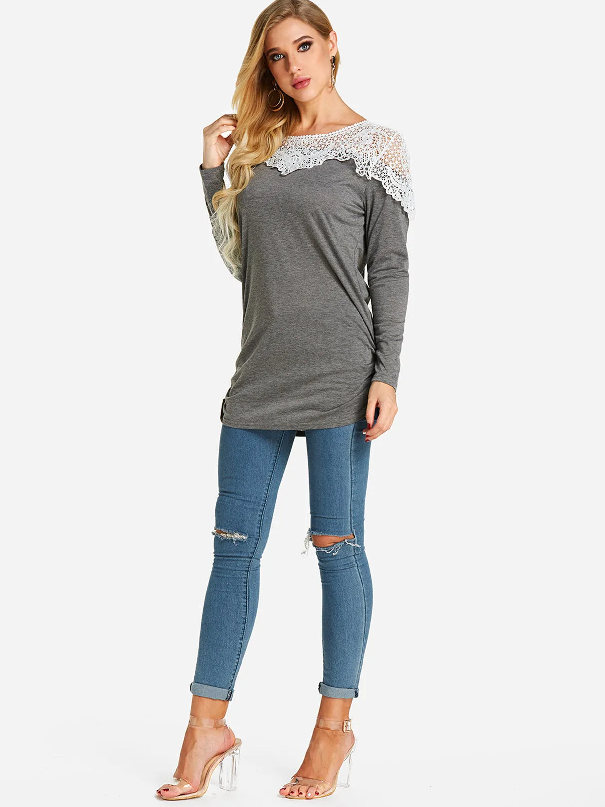 Custom Crew Neck Plain Lace Long Sleeve T-Shirt