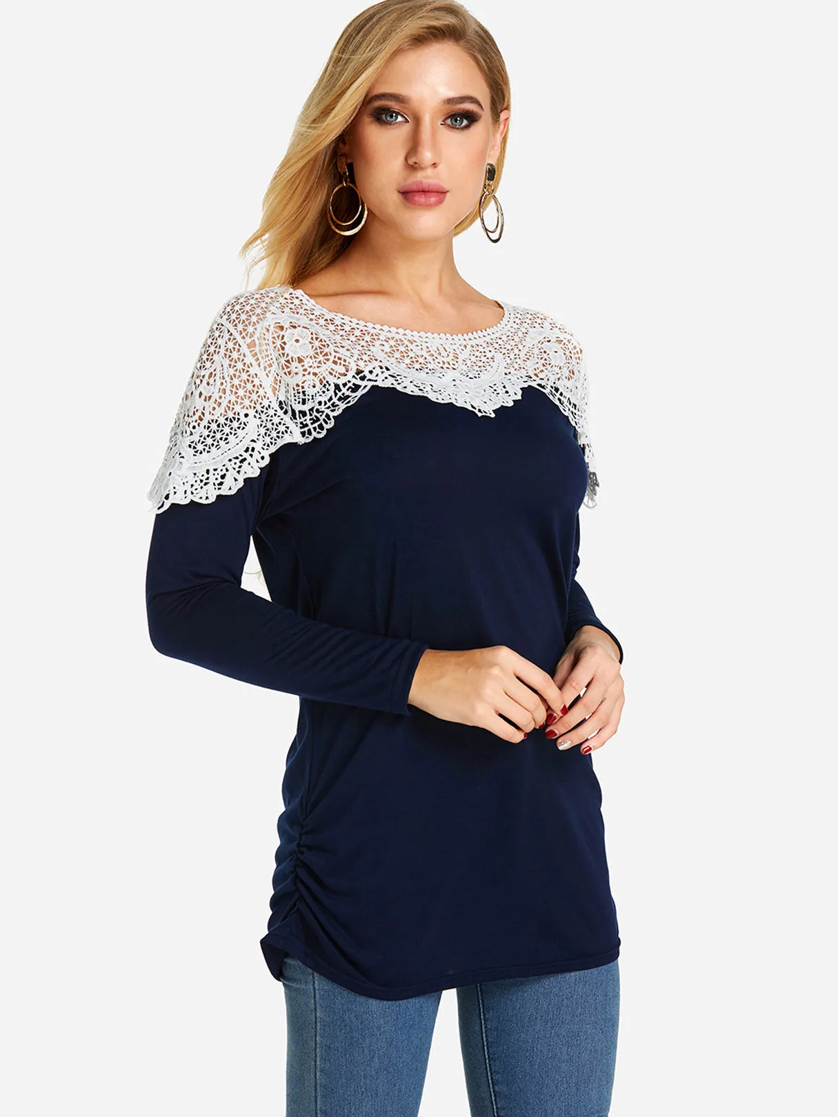 Custom Crew Neck Plain Lace Long Sleeve T-Shirt