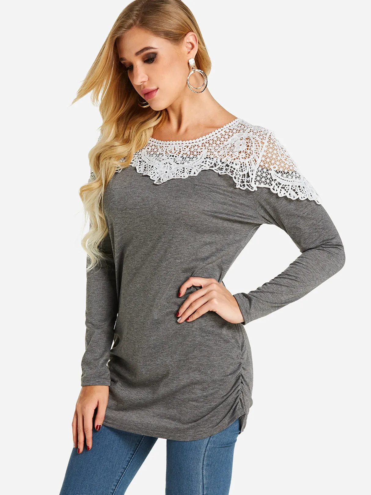 Custom Crew Neck Plain Lace Long Sleeve T-Shirt