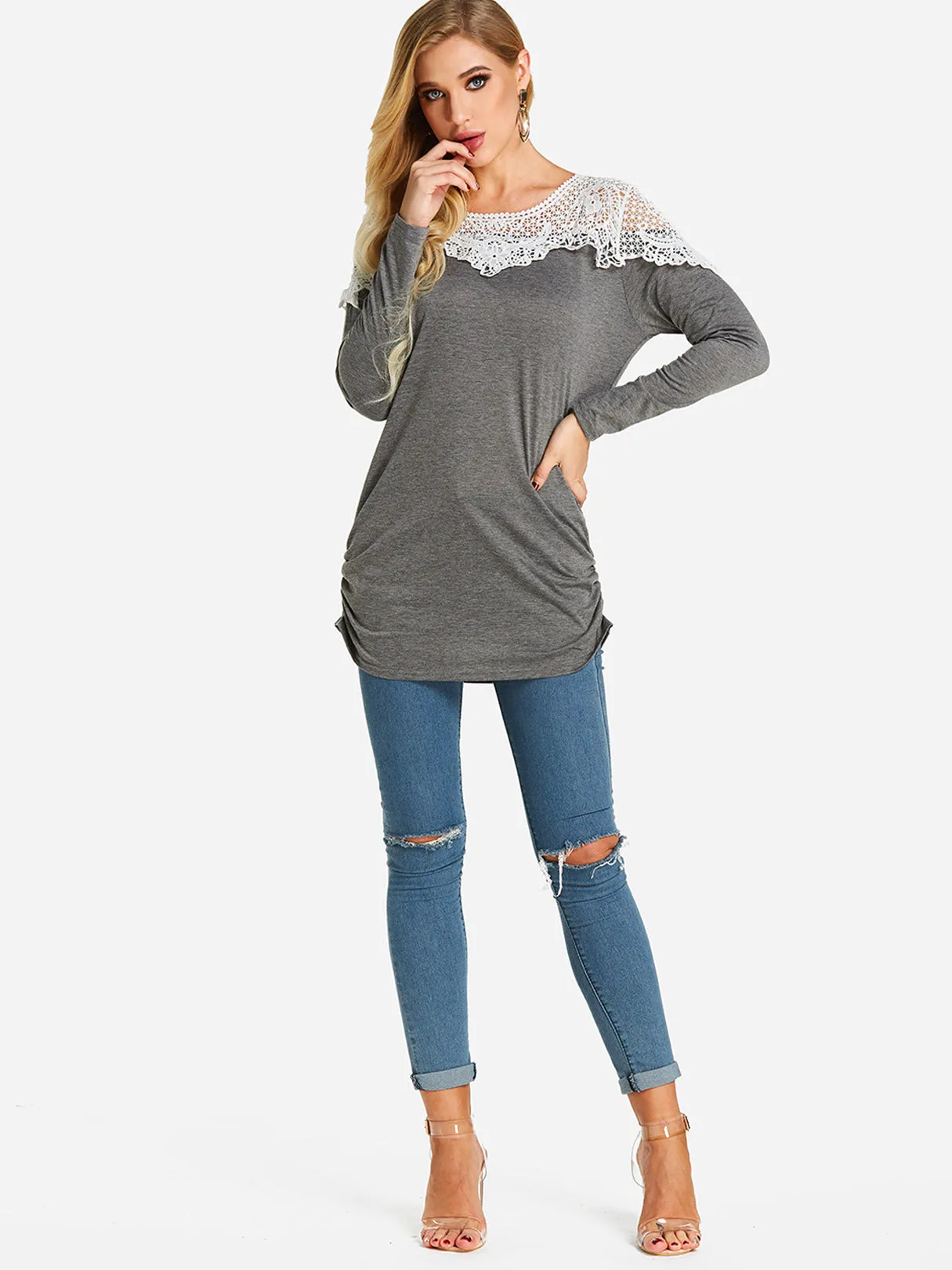 Custom Crew Neck Plain Lace Long Sleeve T-Shirt