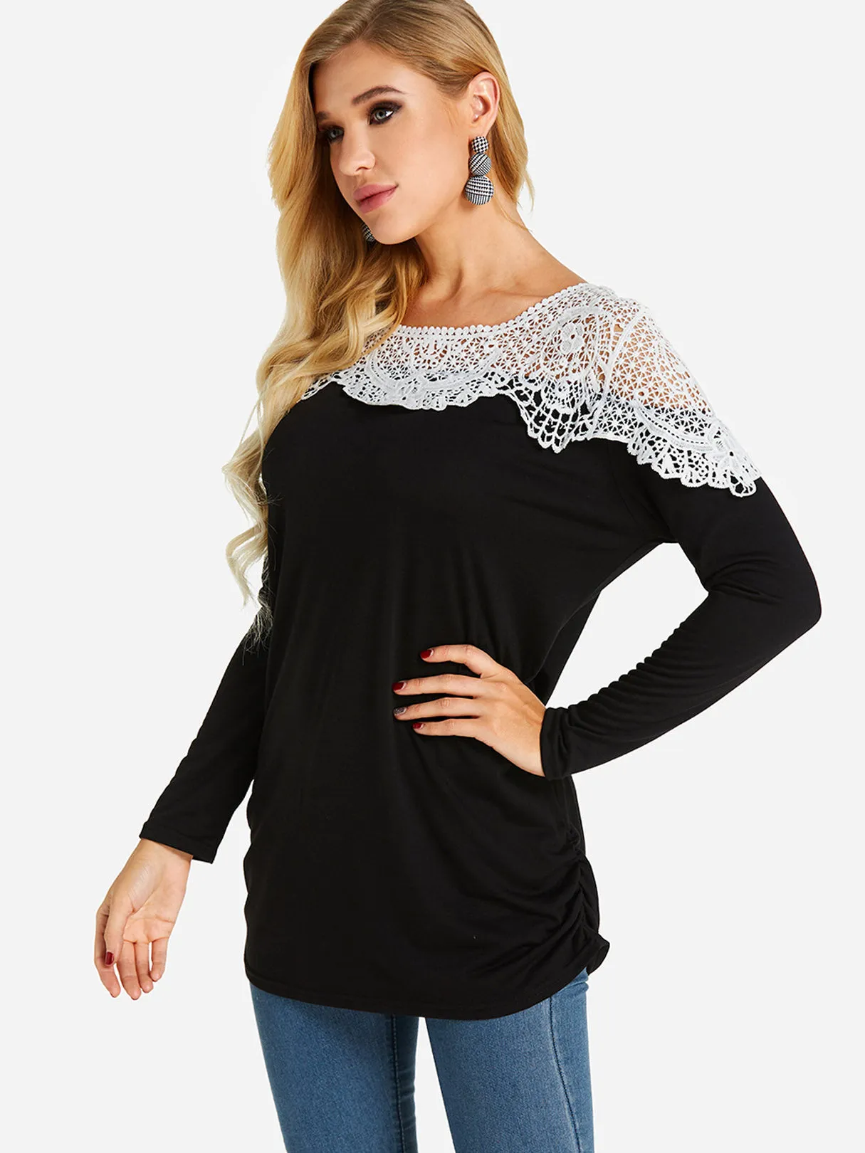 Custom Crew Neck Plain Lace Long Sleeve T-Shirt