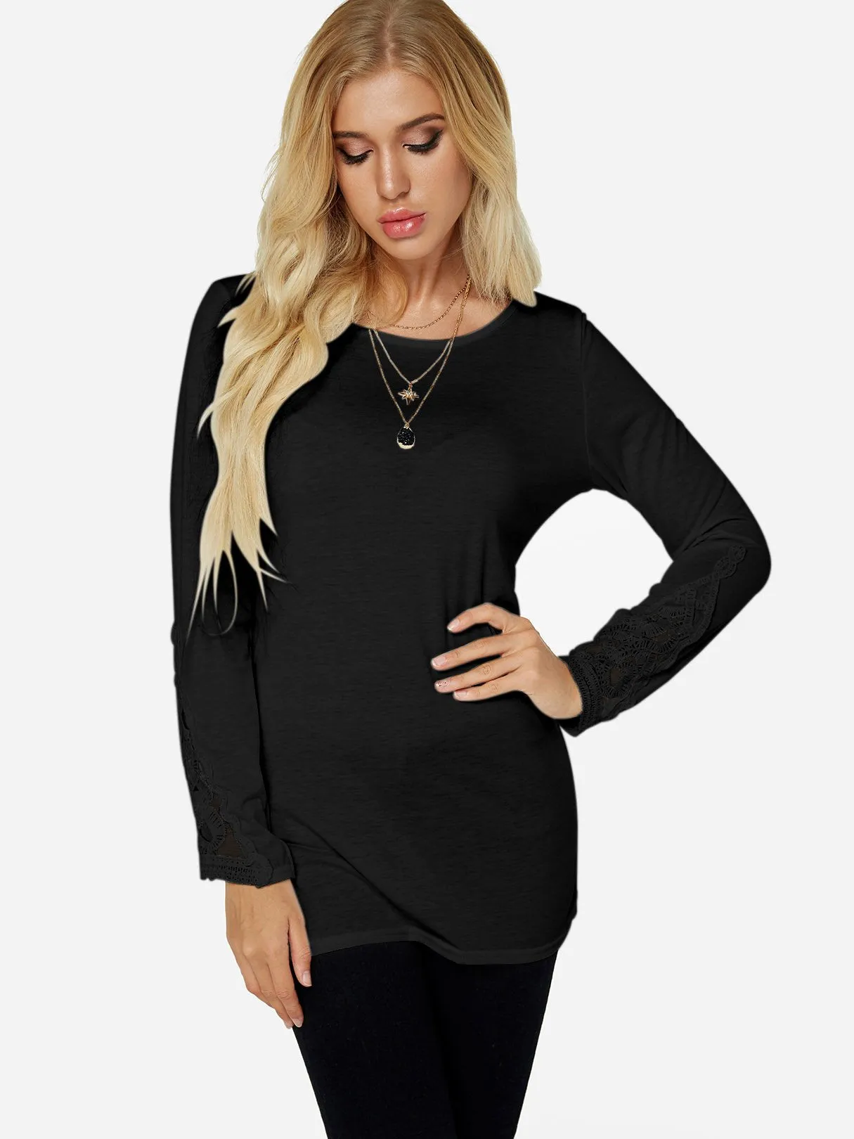 Custom Crew Neck Plain Lace Pleated Long Sleeve T-Shirts