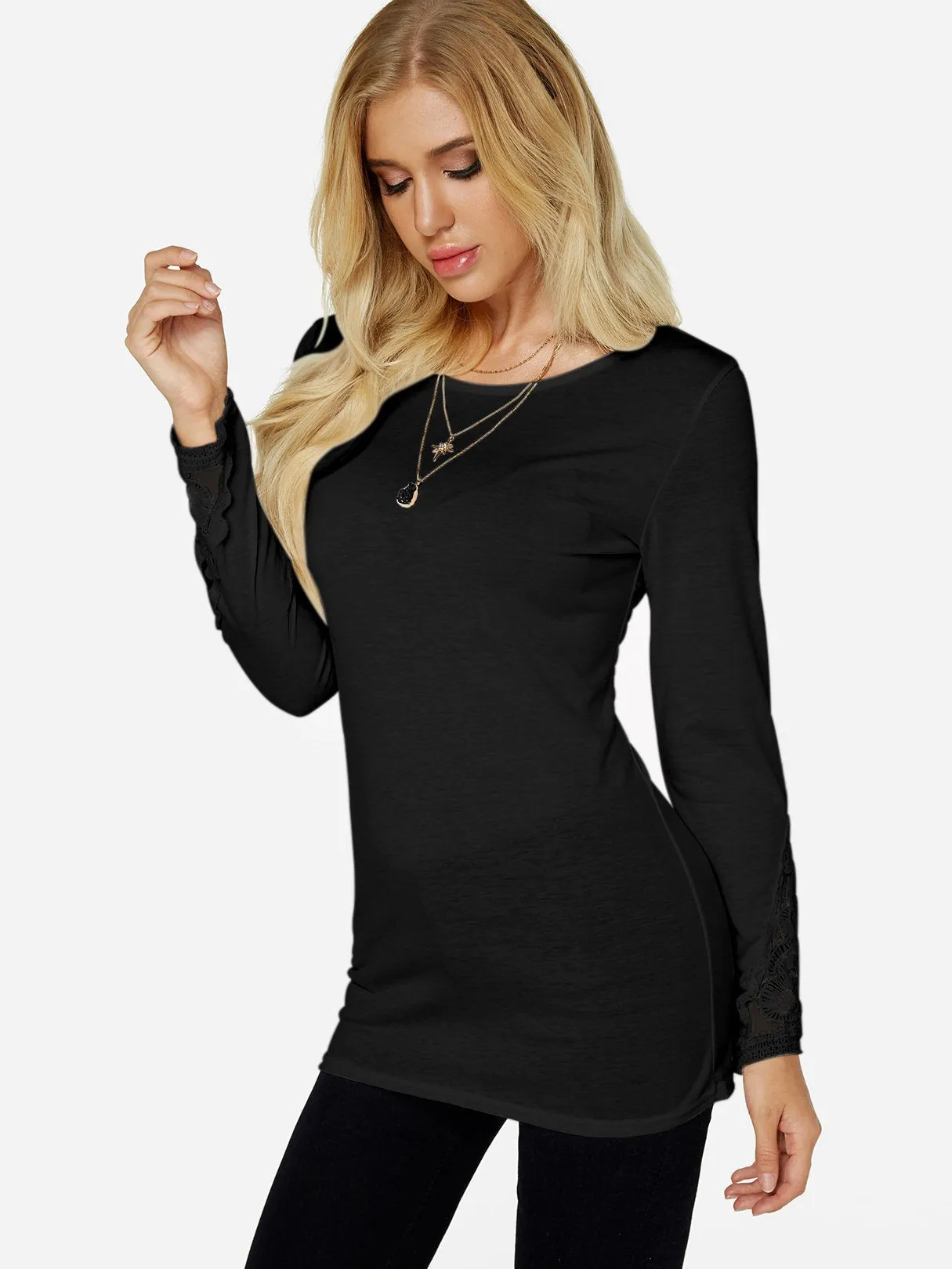 Custom Crew Neck Plain Lace Pleated Long Sleeve T-Shirts