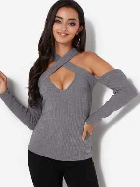 Custom Crossed Collar Off The Shoulder Plain Cut Out Criss-Cross Long Sleeve Grey T-Shirts