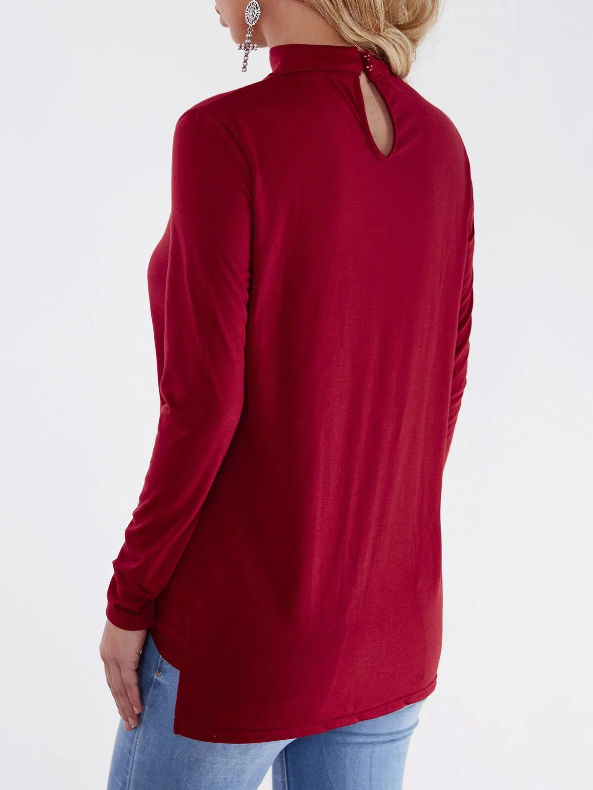 Custom Deep V-Neck Plain Crossed Front Long Sleeve Burgundy T-Shirts