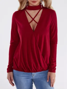 Custom Deep V-Neck Plain Crossed Front Long Sleeve Burgundy T-Shirts