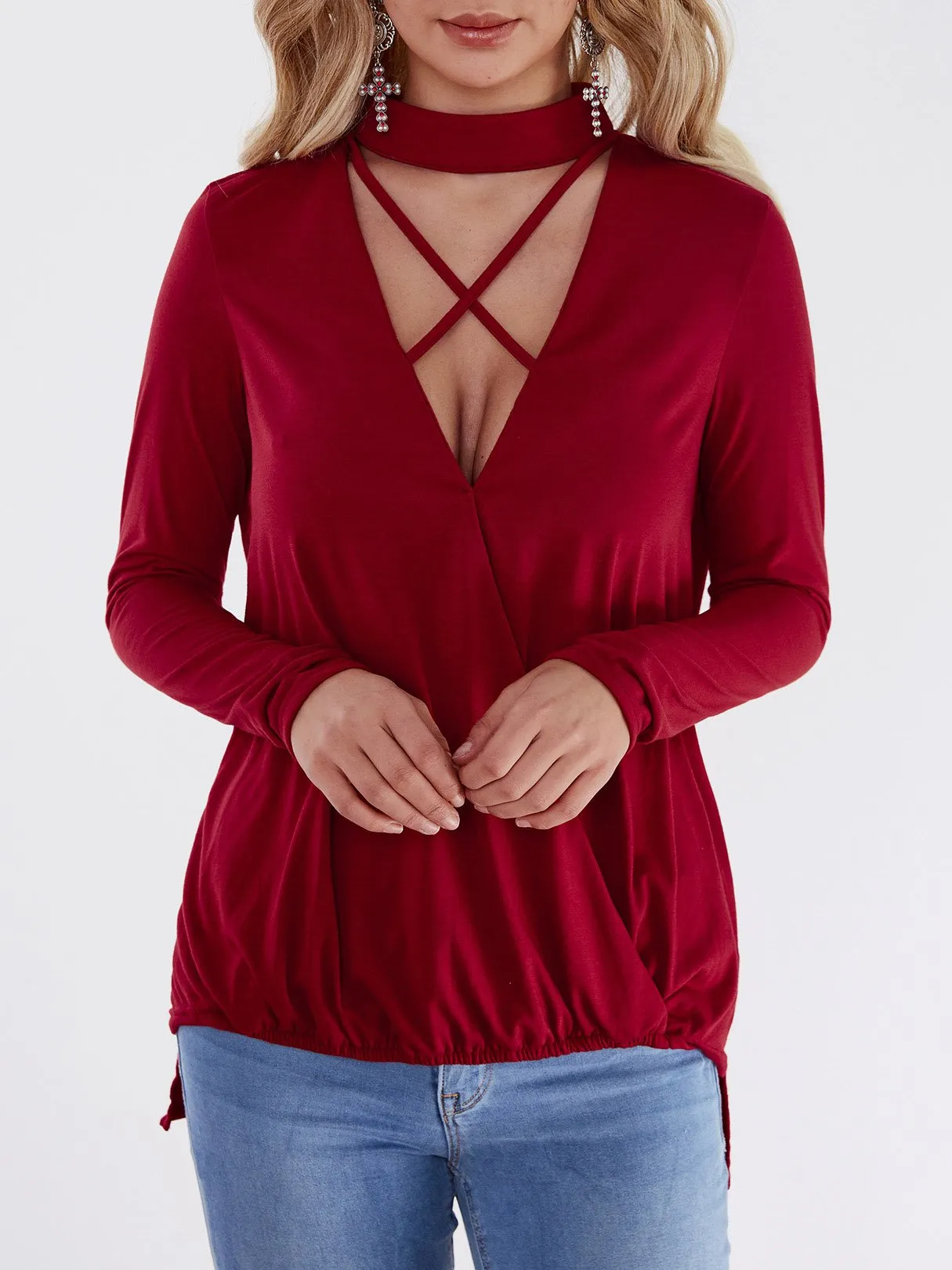 Custom Deep V-Neck Plain Crossed Front Long Sleeve Burgundy T-Shirts