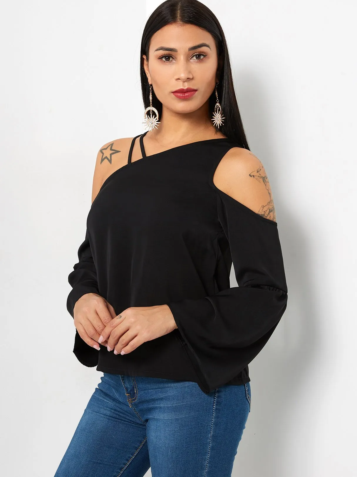 Custom Halter Asymmetrical Plain Long Sleeve Black T-Shirts