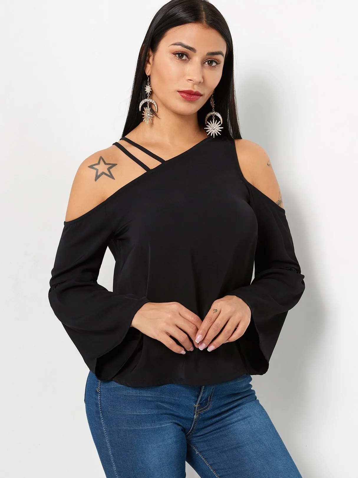 Custom Halter Asymmetrical Plain Long Sleeve Black T-Shirts