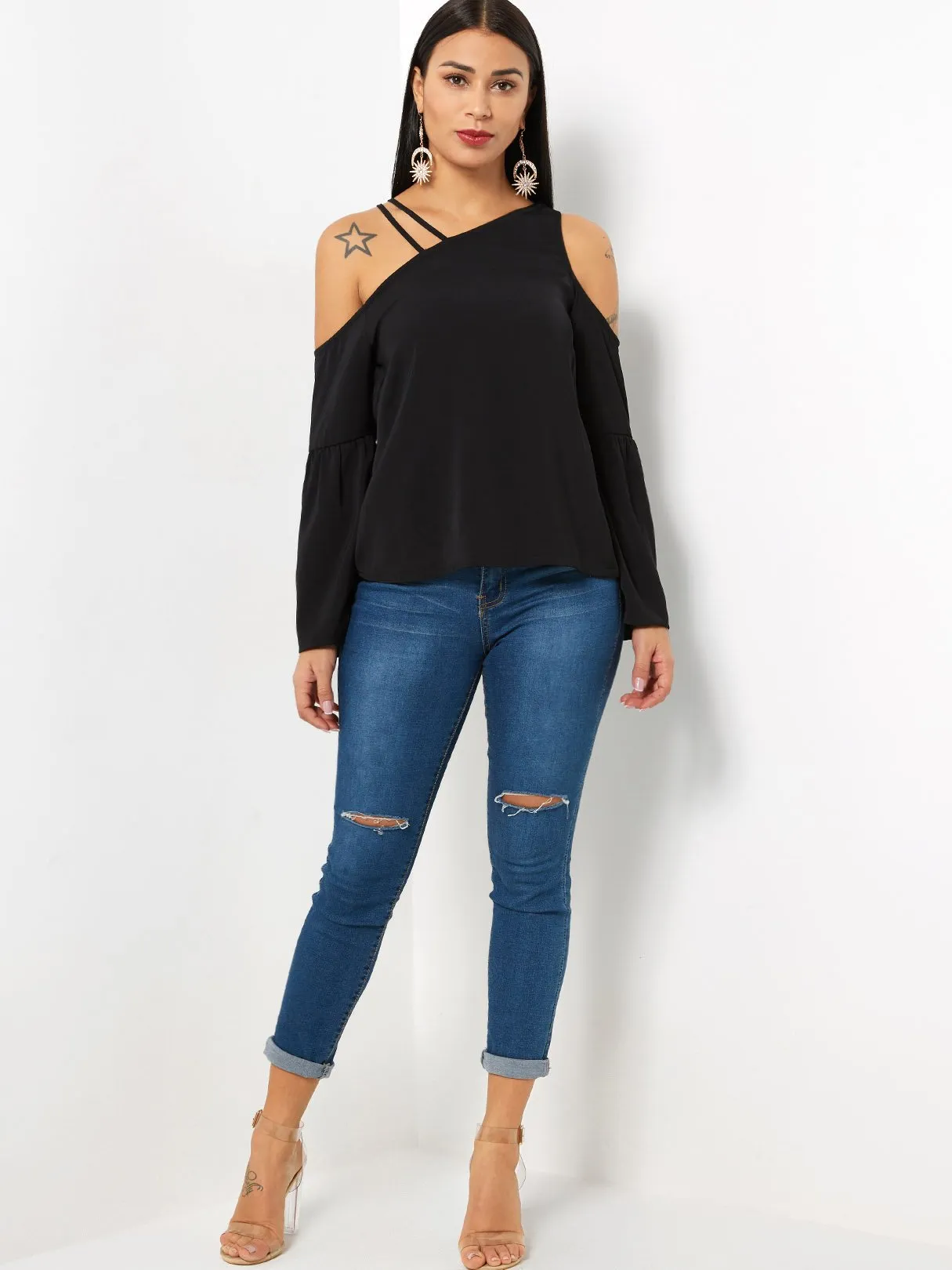 Custom Halter Asymmetrical Plain Long Sleeve Black T-Shirts