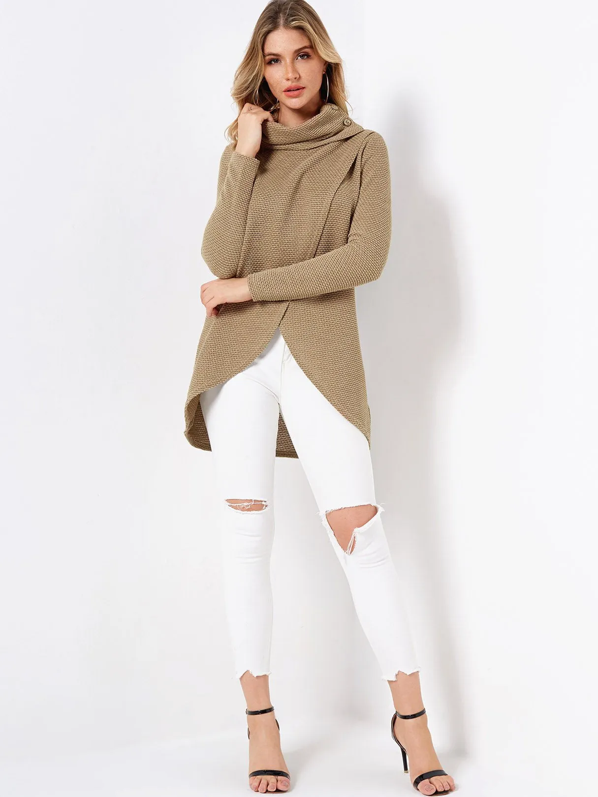 Custom High Neck Plain Long Sleeve Khaki T-Shirts