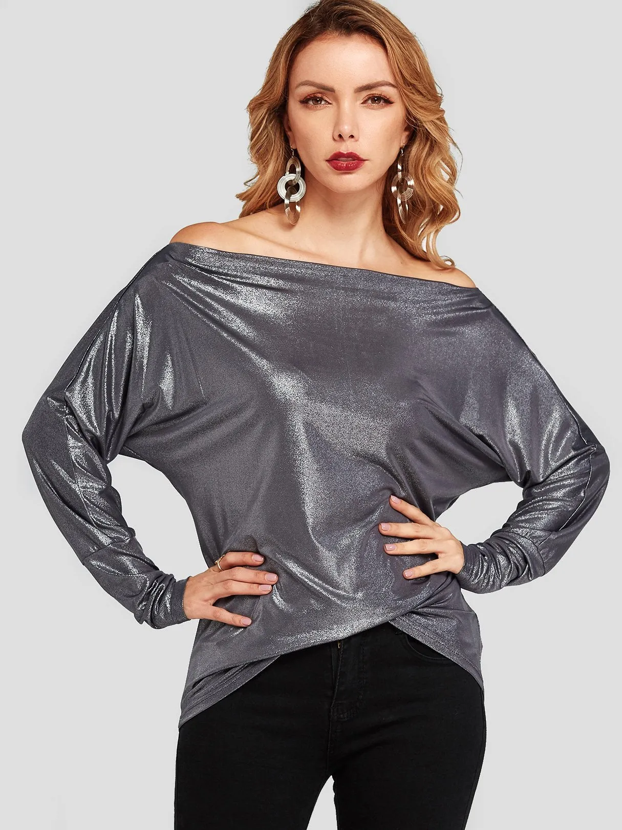 Custom Off The Shoulder Plain Long Sleeve Dark T-Shirts