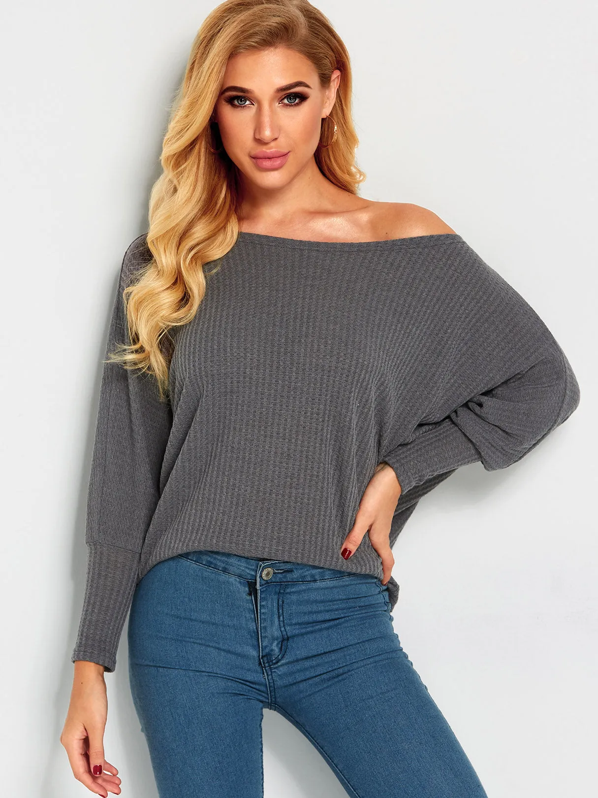 Custom Off The Shoulder Plain Long Sleeve Grey T-Shirts