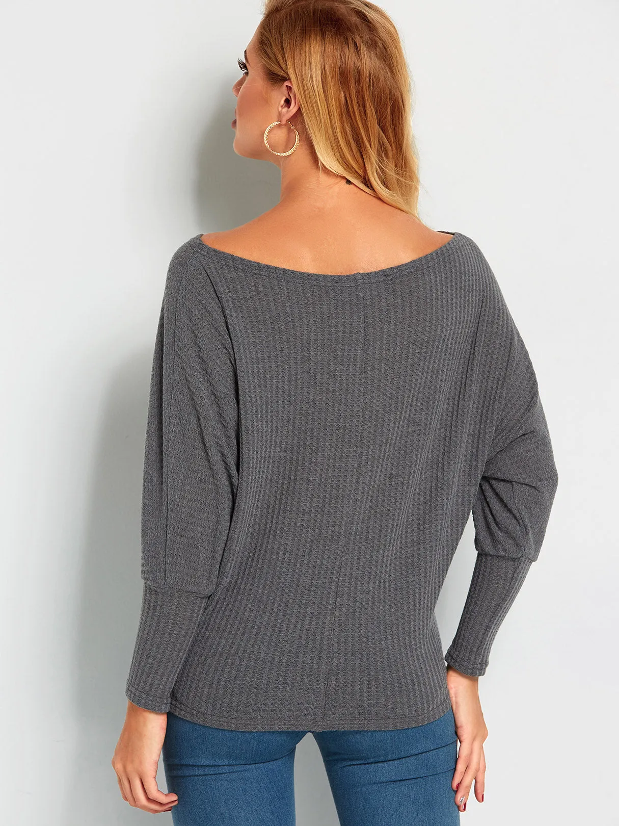 Custom Off The Shoulder Plain Long Sleeve Grey T-Shirts