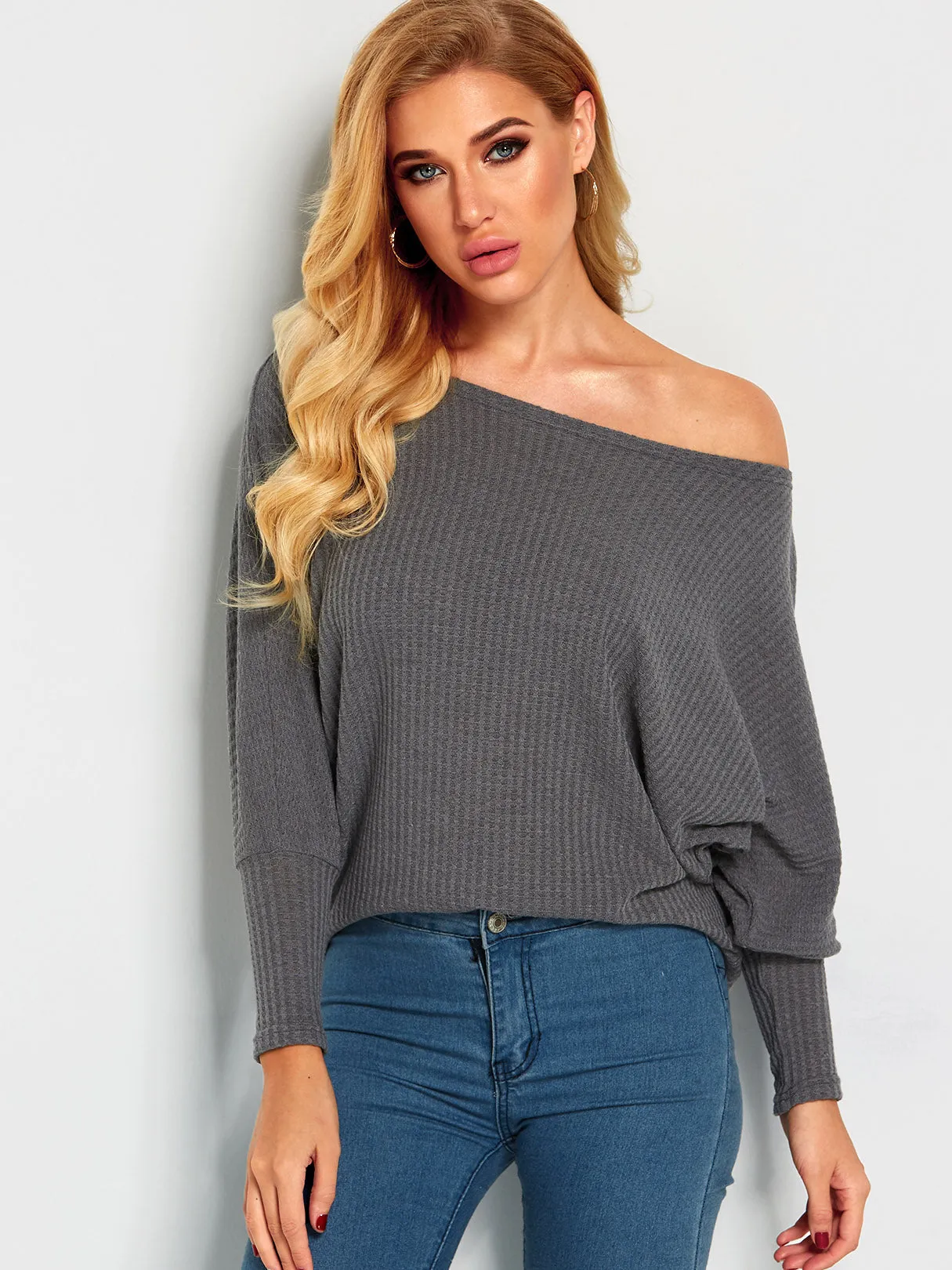 Custom Off The Shoulder Plain Long Sleeve Grey T-Shirts