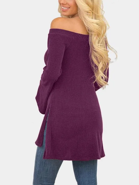 Custom Off The Shoulder Plain Slit Long Sleeve Purple T-Shirts