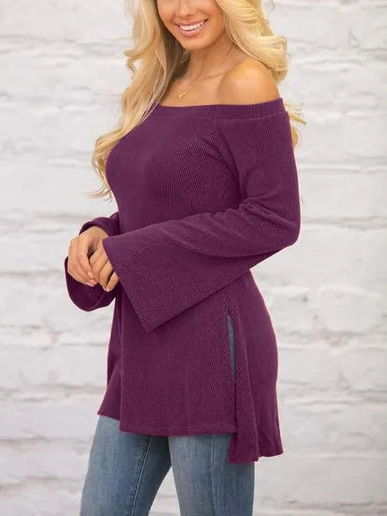 Custom Off The Shoulder Plain Slit Long Sleeve Purple T-Shirts