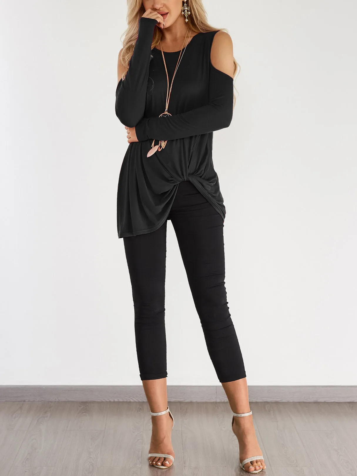 Custom Round Neck Cold Shoulder Plain Crossed Front Hollow Cut Out Pleated Long Sleeve T-Shirts