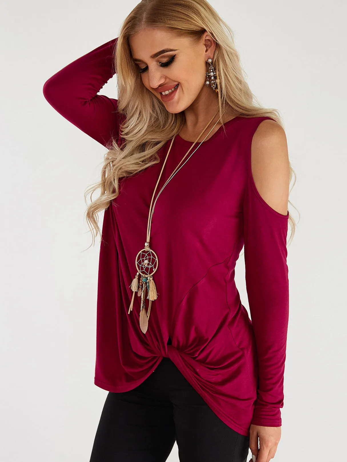 Custom Round Neck Cold Shoulder Plain Crossed Front Hollow Cut Out Pleated Long Sleeve T-Shirts