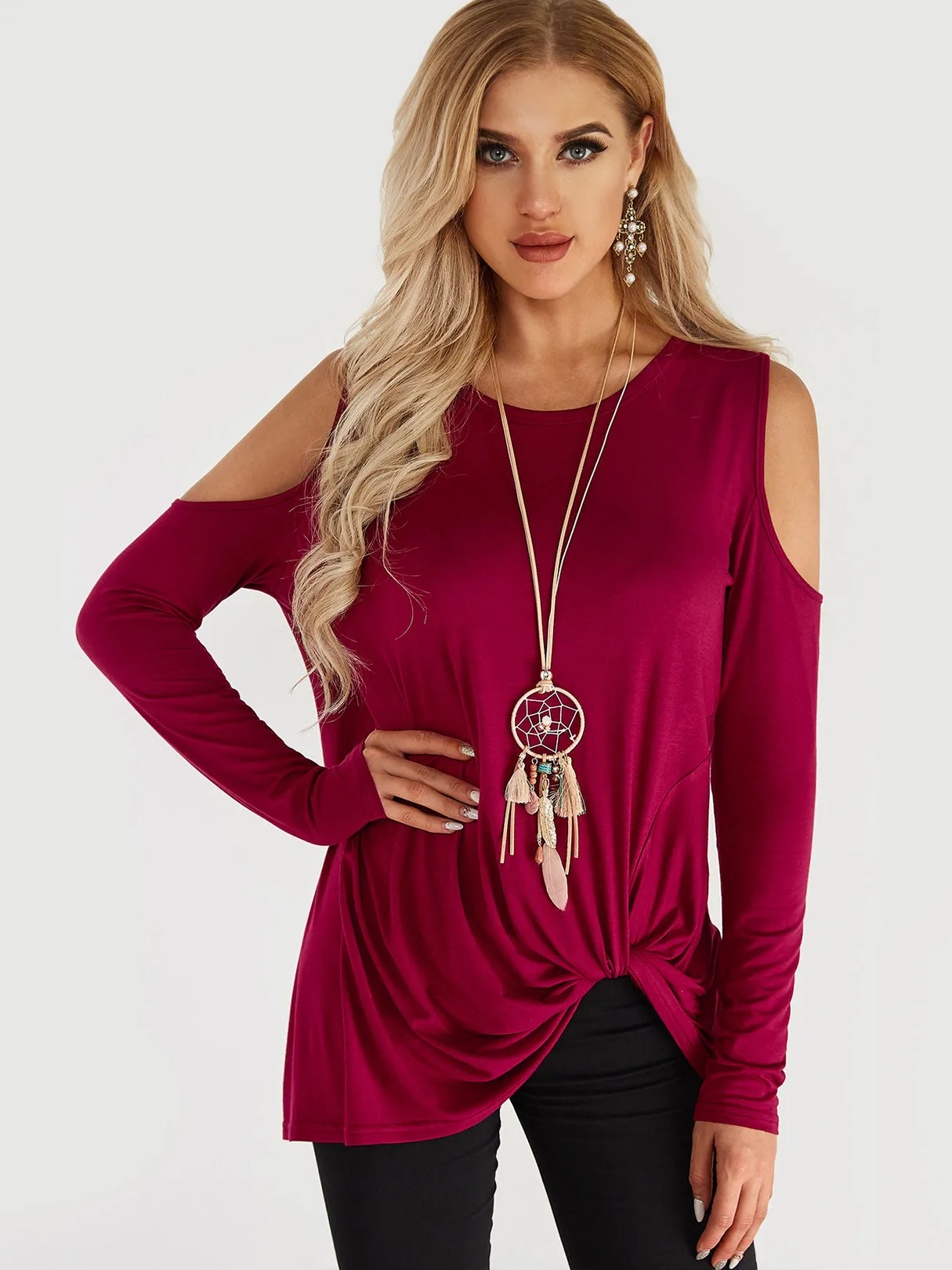 Custom Round Neck Cold Shoulder Plain Crossed Front Hollow Cut Out Pleated Long Sleeve T-Shirts