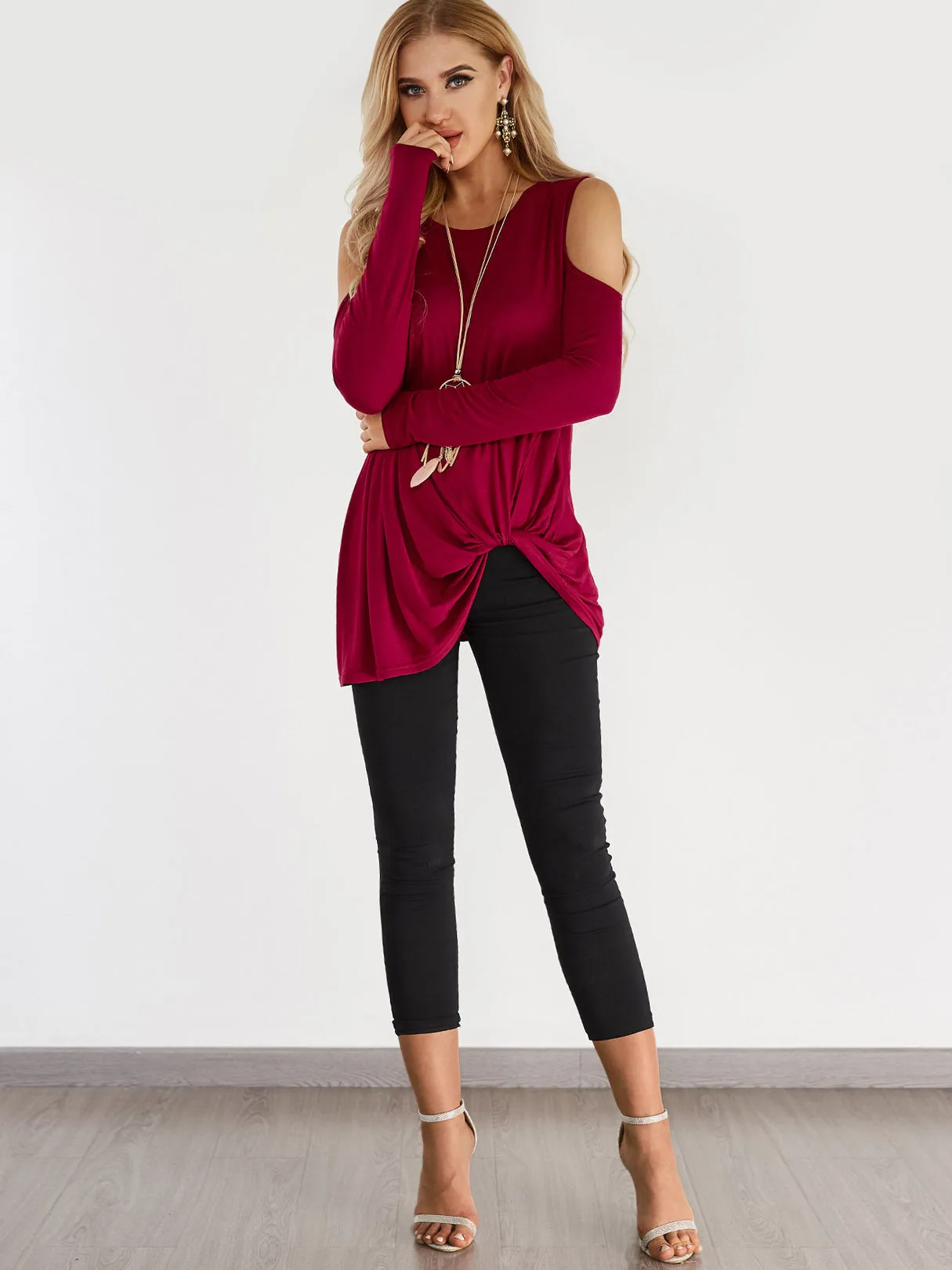 Custom Round Neck Cold Shoulder Plain Crossed Front Hollow Cut Out Pleated Long Sleeve T-Shirts