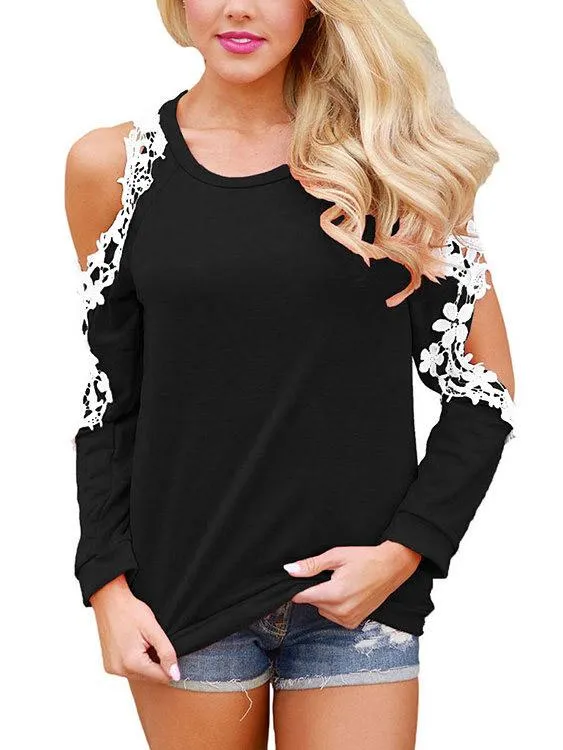 Custom Round Neck Cold Shoulder Plain Lace Cut Out Long Sleeve Top